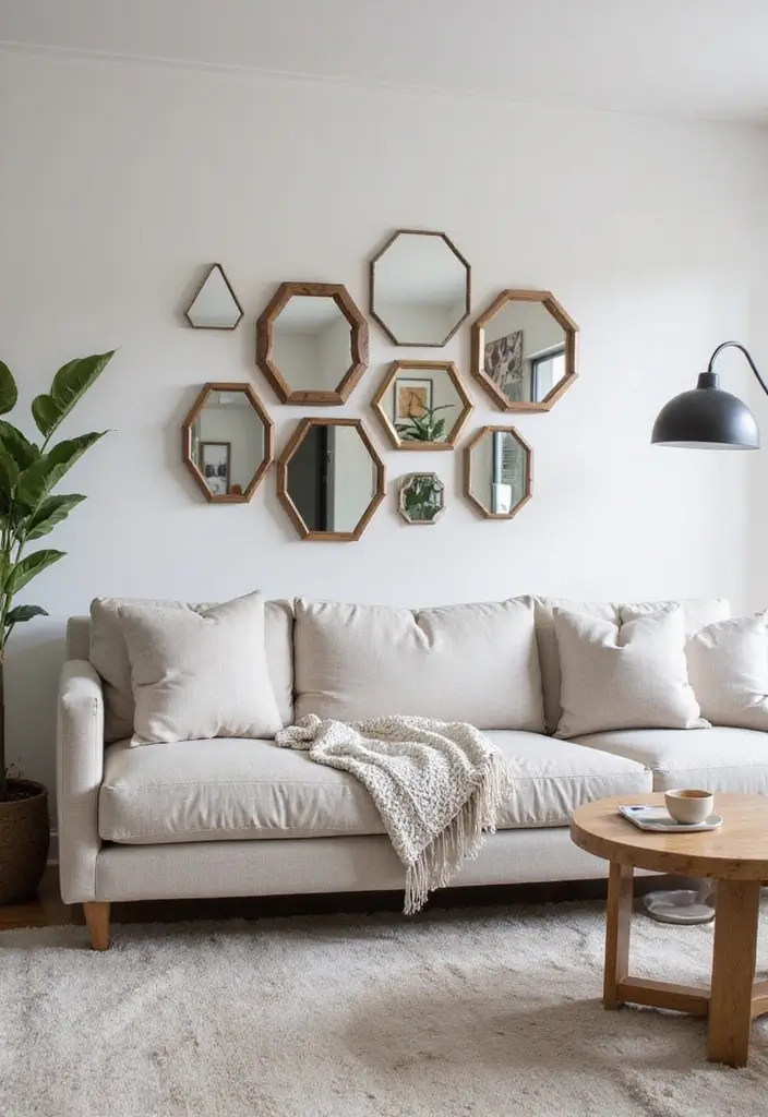 26 Living Room Decor With Mirror Ideas That Add Depth and Light - 12. Geometric Mirrors