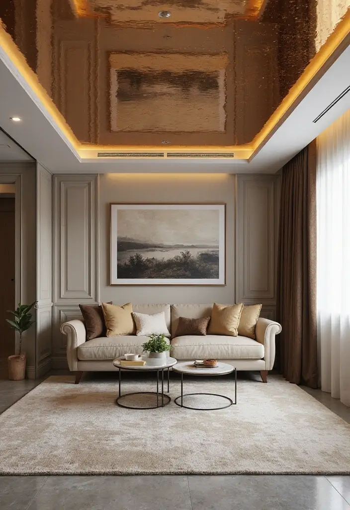 26 Living Room Decor With Mirror Ideas That Add Depth and Light - 14. Reflective Ceiling Decor