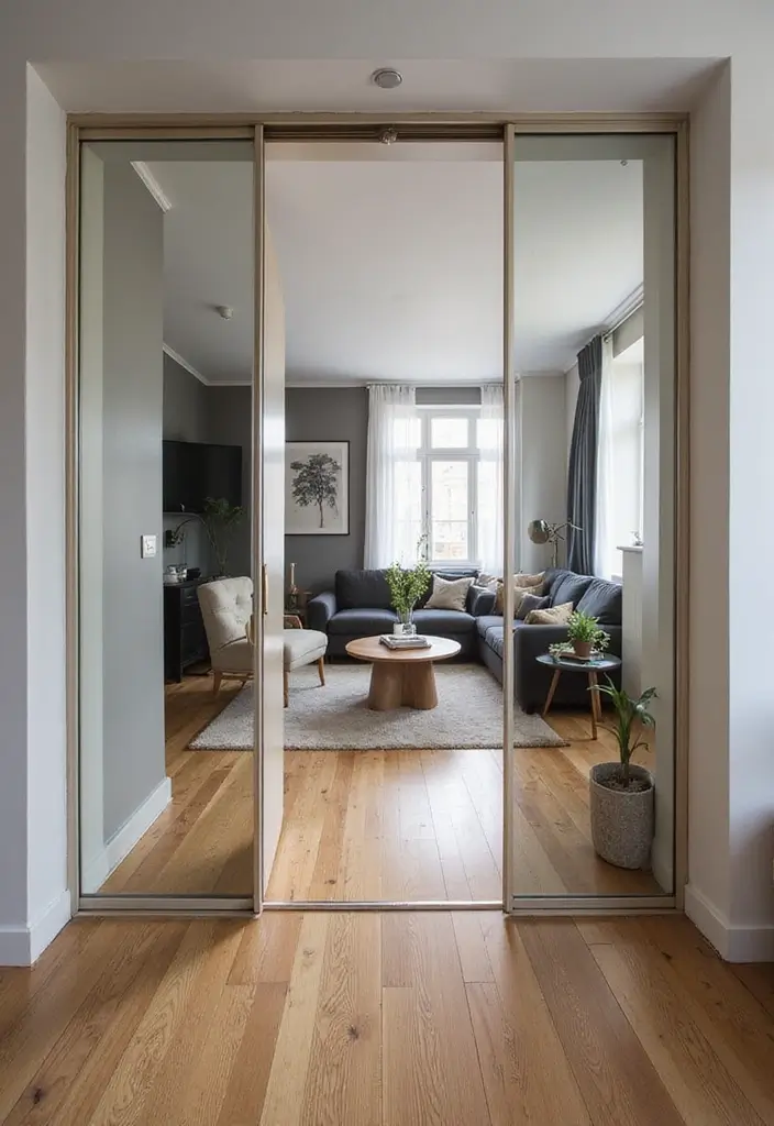 26 Living Room Decor With Mirror Ideas That Add Depth and Light - 15. Mirrored Doors