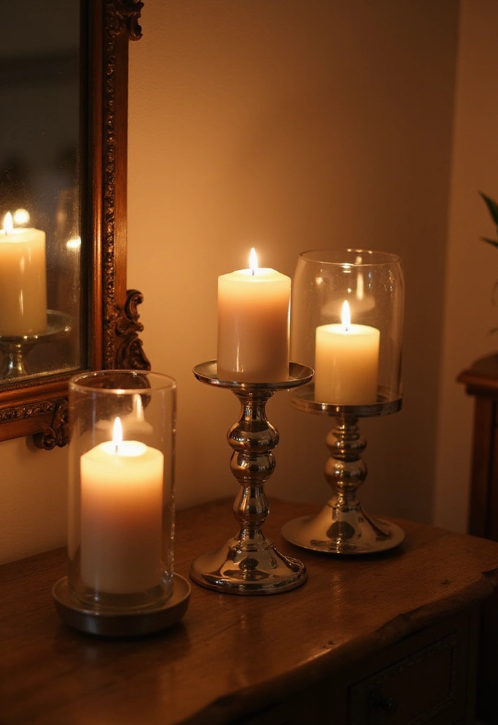26 Living Room Decor With Mirror Ideas That Add Depth and Light - 18. Mirrored Candle Holders
