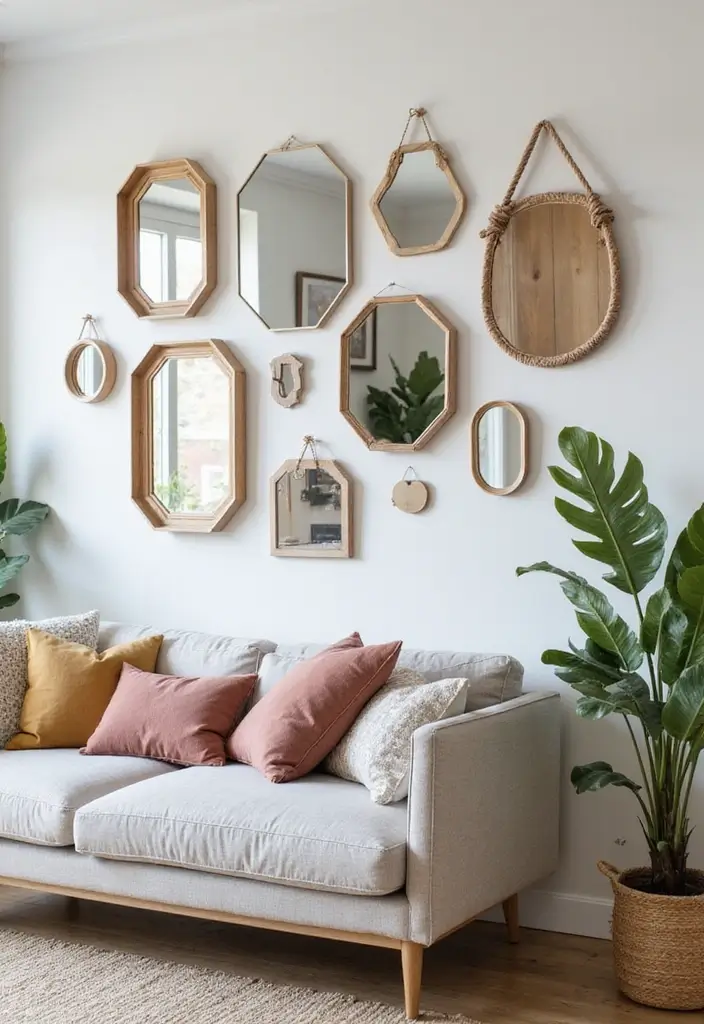 26 Living Room Decor With Mirror Ideas That Add Depth and Light - 20. Artistic Mirror Shapes