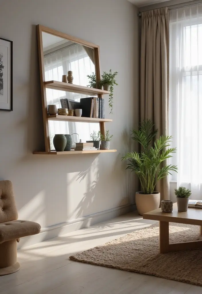 26 Living Room Decor With Mirror Ideas That Add Depth and Light - 21. Mirrors with Shelves