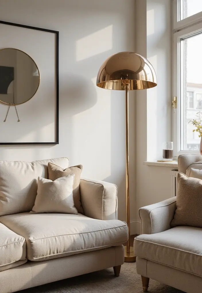 26 Living Room Decor With Mirror Ideas That Add Depth and Light - 22. Mirrored Floor Lamps