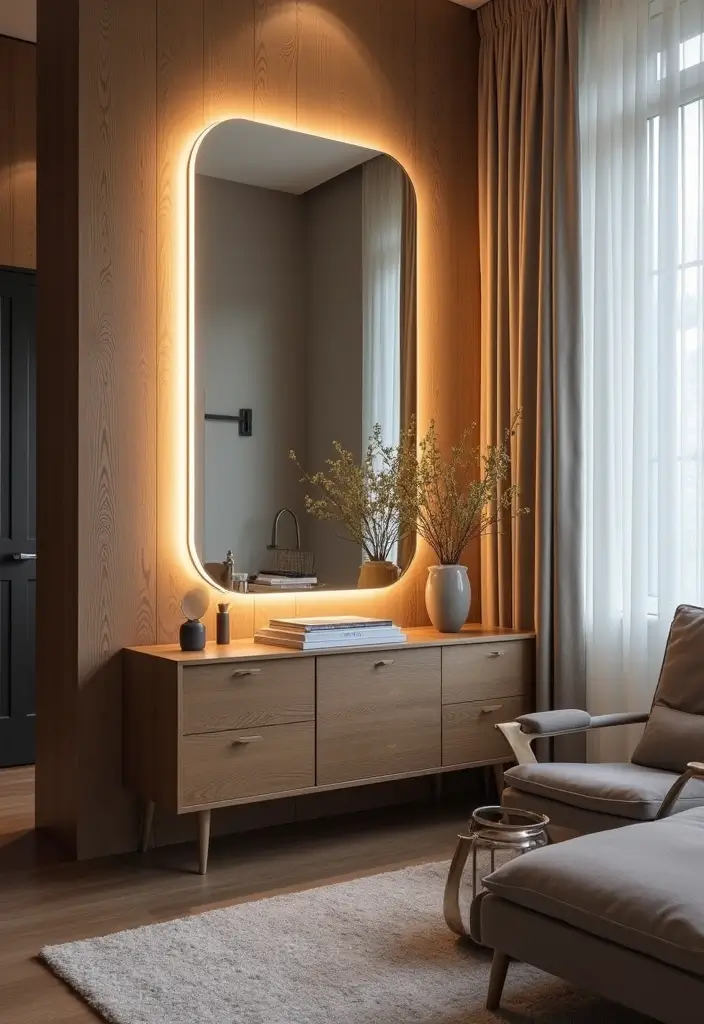 26 Living Room Decor With Mirror Ideas That Add Depth and Light - 25. Lighted Mirrors