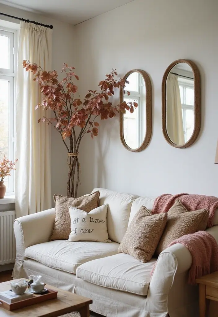 26 Living Room Decor With Mirror Ideas That Add Depth and Light - 26. Seasonal Mirror Decor