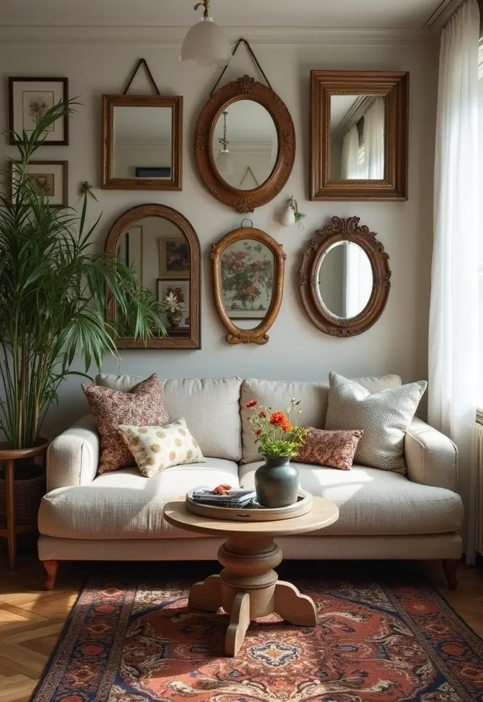 26 Living Room Decor With Mirror Ideas That Add Depth and Light - 9. Vintage Mirrors