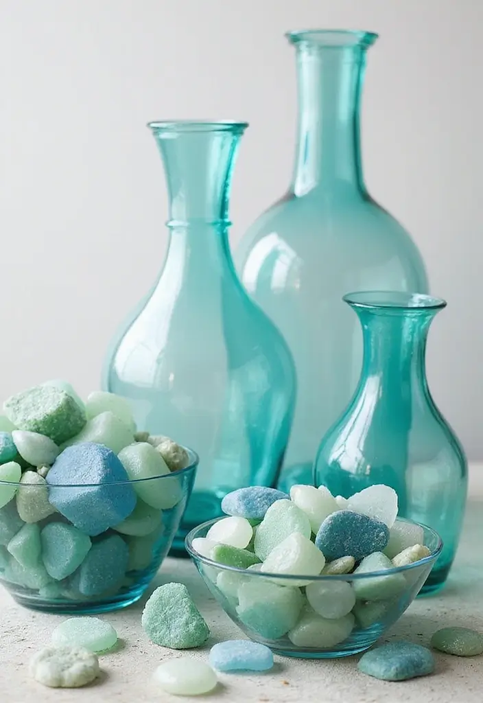 27 Blue White Living Room Ideas That Feel Fresh and Coastal - 12. Sea Glass Accents