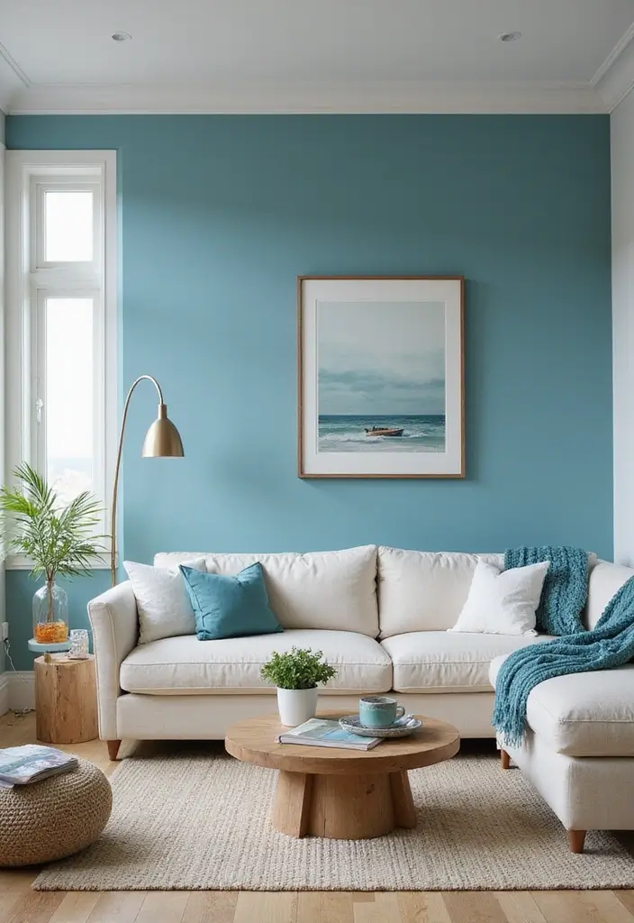 27 Blue White Living Room Ideas That Feel Fresh and Coastal - 16. Ocean-Blue Accent Walls