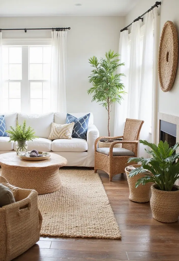 27 Blue White Living Room Ideas That Feel Fresh and Coastal - 19. Natural Fiber Accents