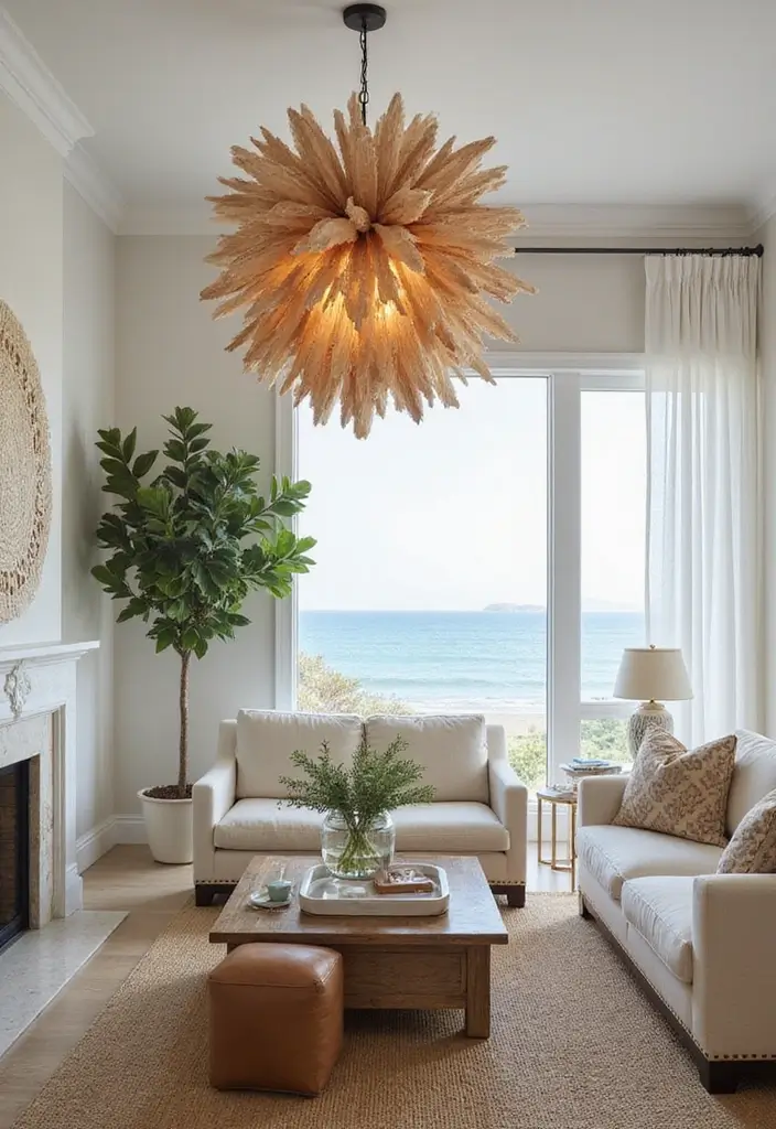 27 Blue White Living Room Ideas That Feel Fresh and Coastal - 21. Statement Lighting Fixtures