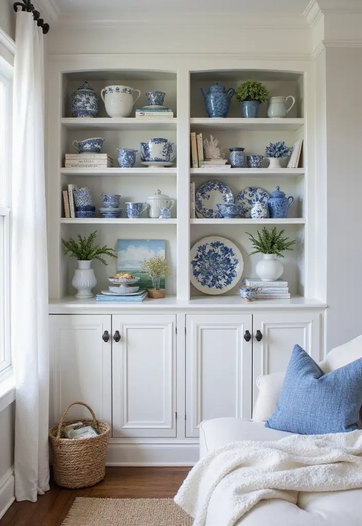 27 Blue White Living Room Ideas That Feel Fresh and Coastal - 23. Open Shelving Displays