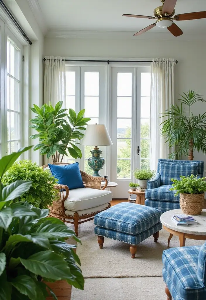 27 Blue White Living Room Ideas That Feel Fresh and Coastal - 27. Incorporating Greenery