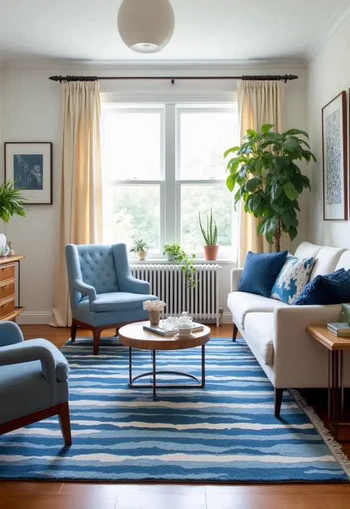 27 Blue White Living Room Ideas That Feel Fresh and Coastal - 4. Blue and White Striped Rugs