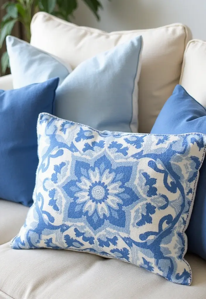 27 Blue White Living Room Ideas That Feel Fresh and Coastal - 5. Beachy Decorative Pillows