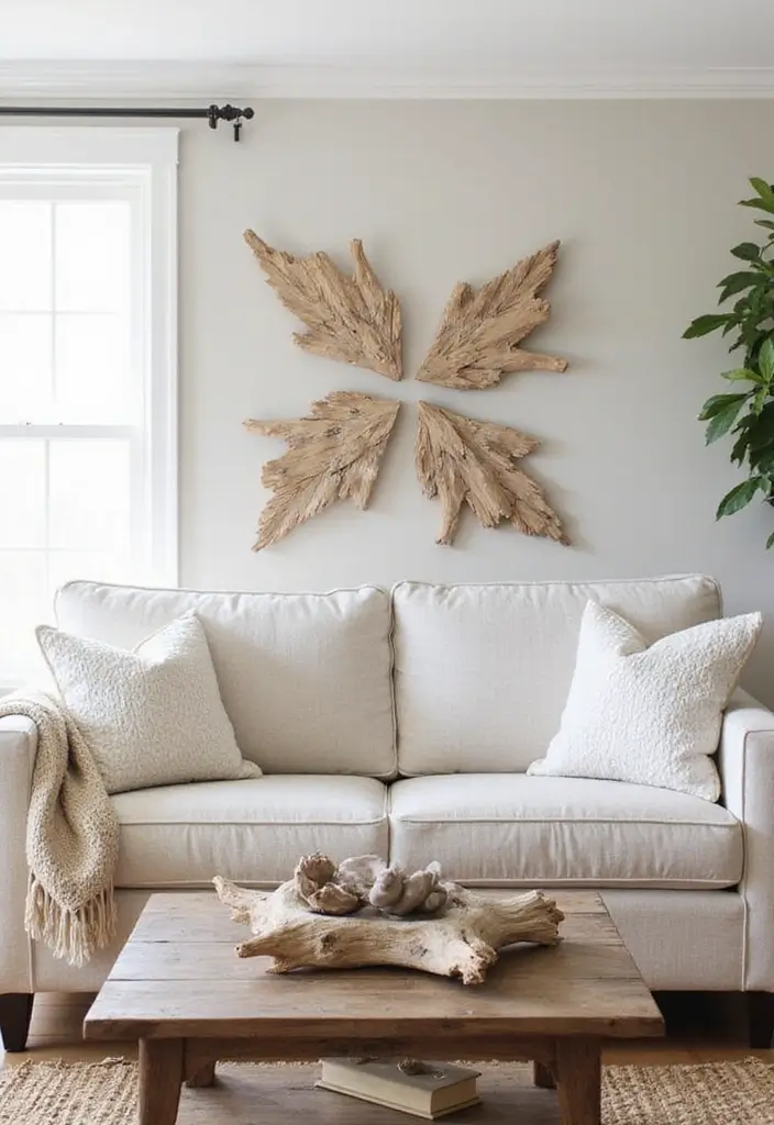 27 Blue White Living Room Ideas That Feel Fresh and Coastal - 6. Driftwood Accents