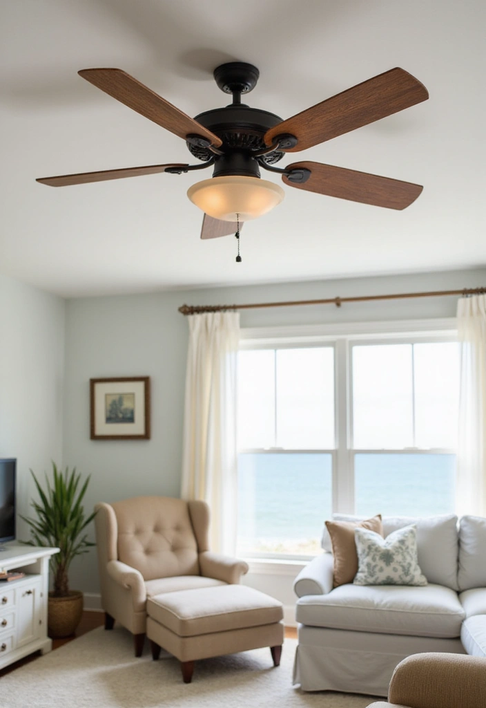 27 Blue White Living Room Ideas That Feel Fresh and Coastal - 9. Breezy Ceiling Fans