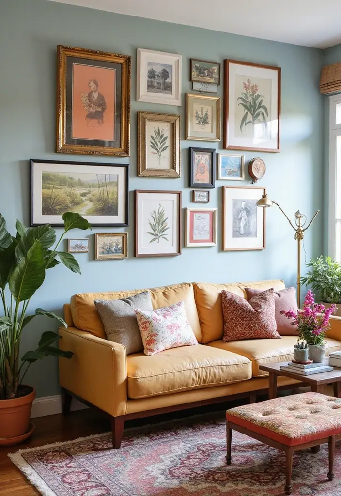 27 Bold Living Room Ideas That Make a Strong Design Statement - 18. Eclectic Gallery Wall