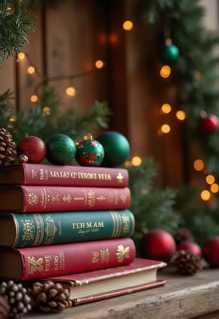 27 Christmas Living Room Decorations That Feel Cozy and Magical - 24. Festive Book Displays