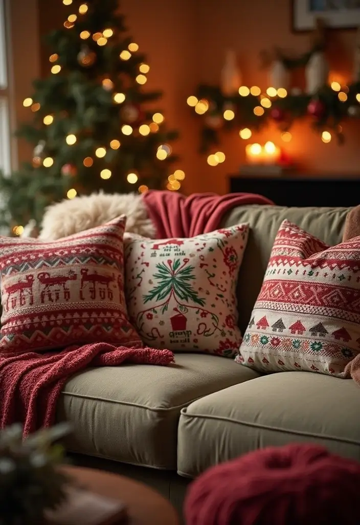27 Christmas Living Room Decorations That Feel Cozy and Magical - 26. Holiday-Themed Throw Pillows