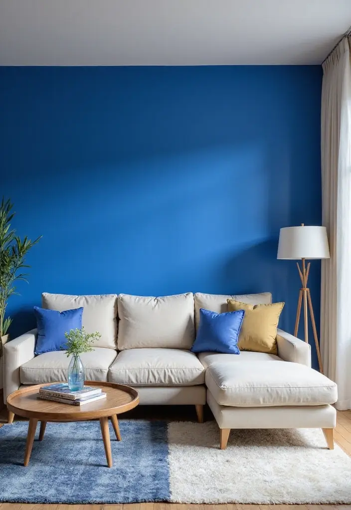 27 Cobalt Blue Living Room Ideas That Feel Bold and Unique - 1. Striking Cobalt Blue Accent Wall