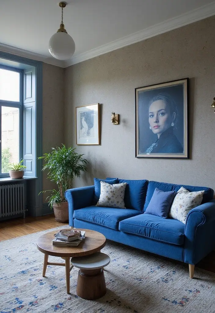 27 Cobalt Blue Living Room Ideas That Feel Bold and Unique - 10. Cobalt Blue Element with Vintage Finds