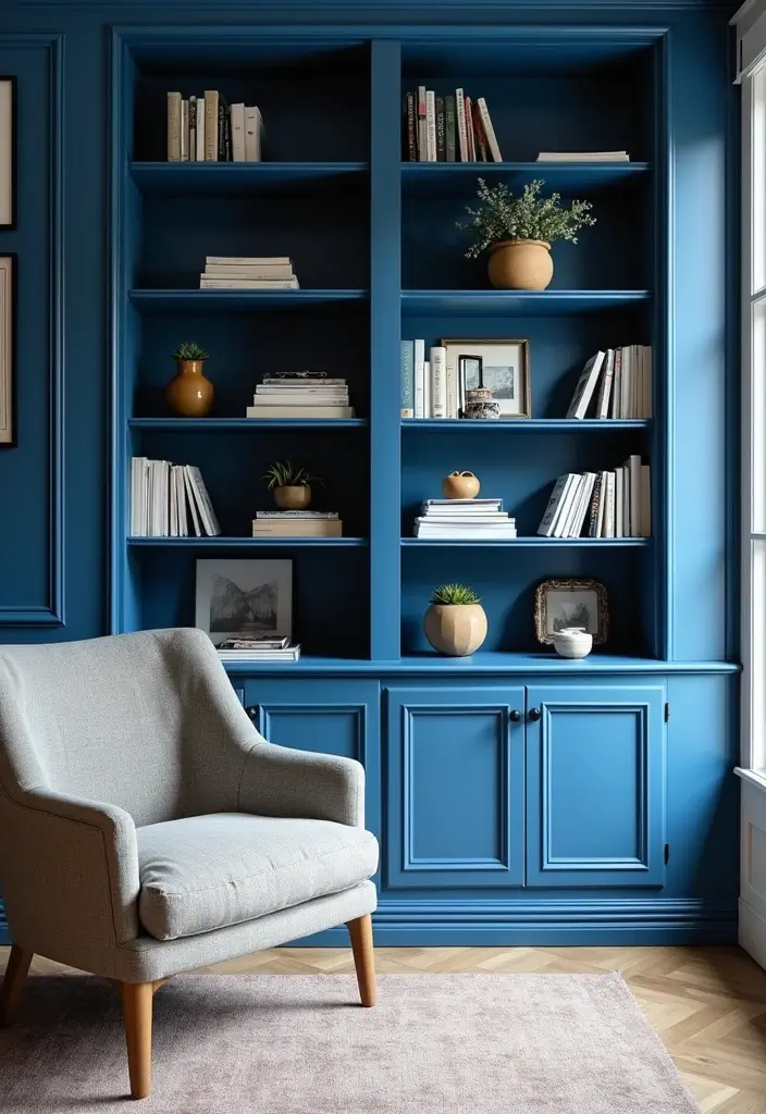 27 Cobalt Blue Living Room Ideas That Feel Bold and Unique - 13. Modern Cobalt Blue Bookshelves