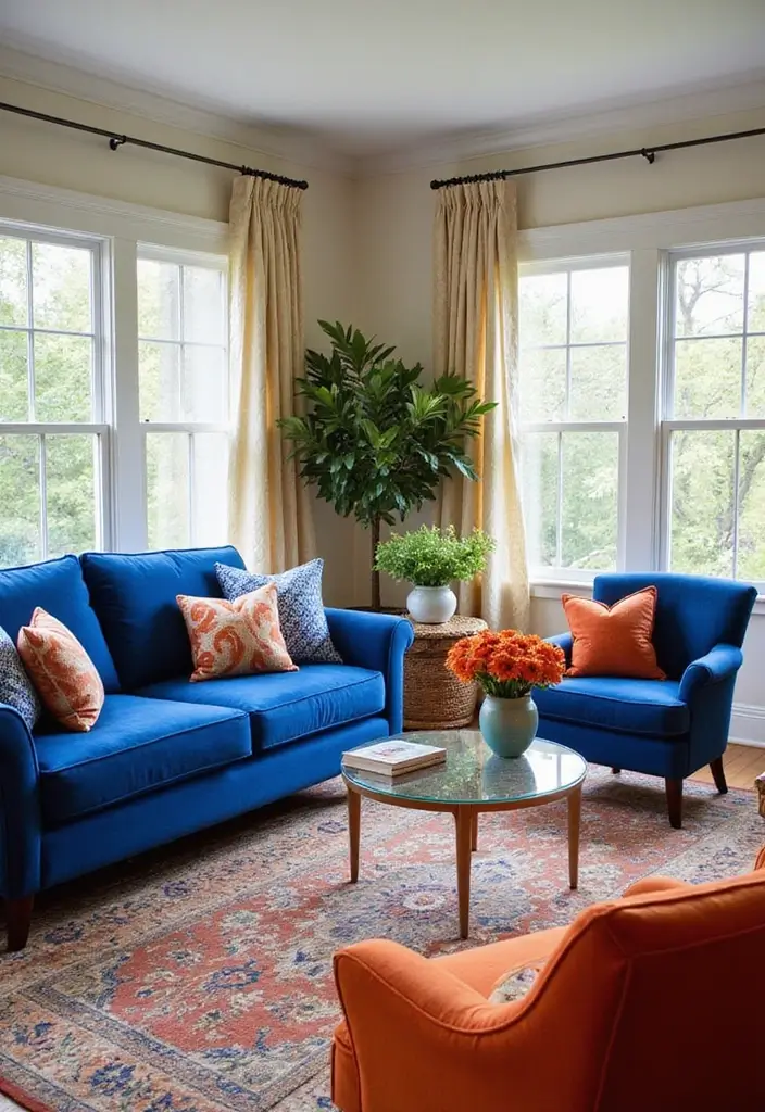 27 Cobalt Blue Living Room Ideas That Feel Bold and Unique - 21. Cobalt Blue with Orange Accents