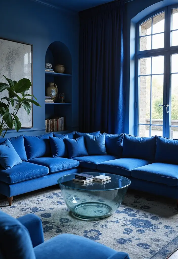 27 Cobalt Blue Living Room Ideas That Feel Bold and Unique - 26. Cobalt Blue and Glass Accents
