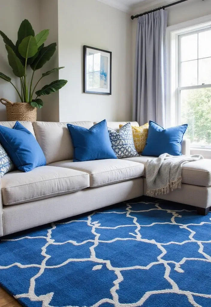 27 Cobalt Blue Living Room Ideas That Feel Bold and Unique - 3. Geometric Patterns with Cobalt Blue