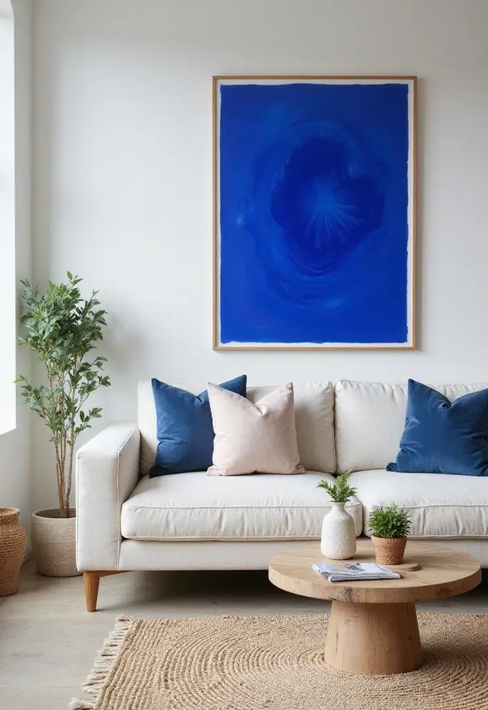 27 Cobalt Blue Living Room Ideas That Feel Bold and Unique - 5. Bold Blue Statement Art