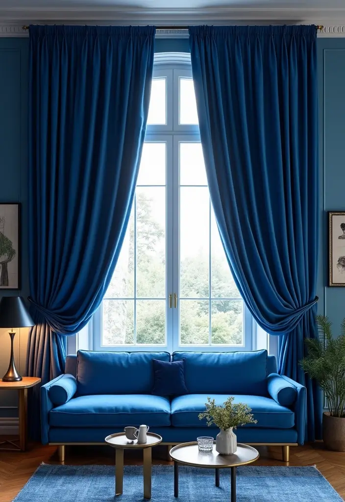 27 Cobalt Blue Living Room Ideas That Feel Bold and Unique - 6. Cobalt Blue Curtains for Drama