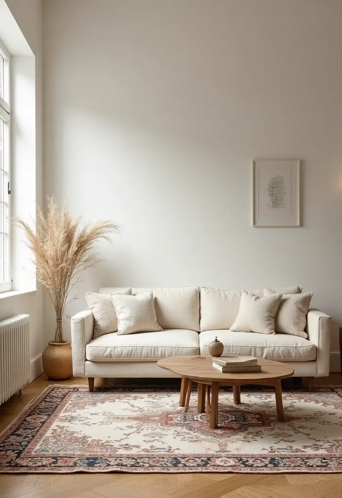 27 Cream Living Room Ideas That Feel Soft and Elegant - 10. Statement Rugs