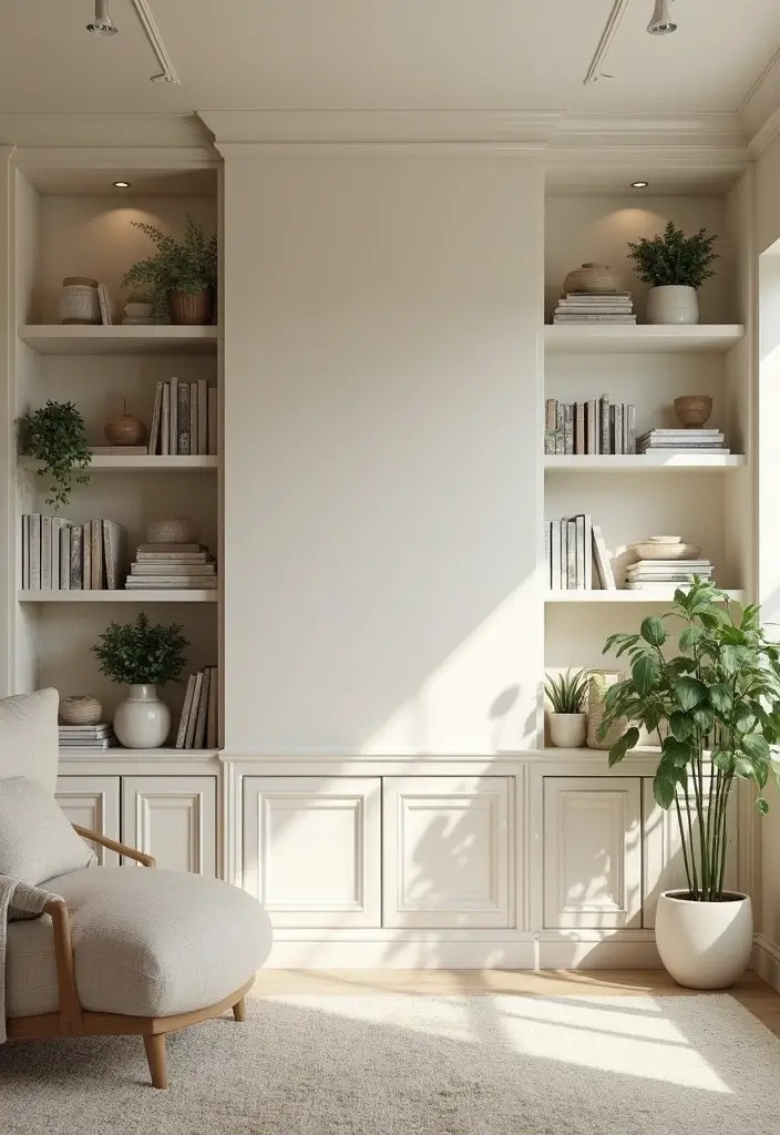 27 Cream Living Room Ideas That Feel Soft and Elegant - 12. Built-in Shelving