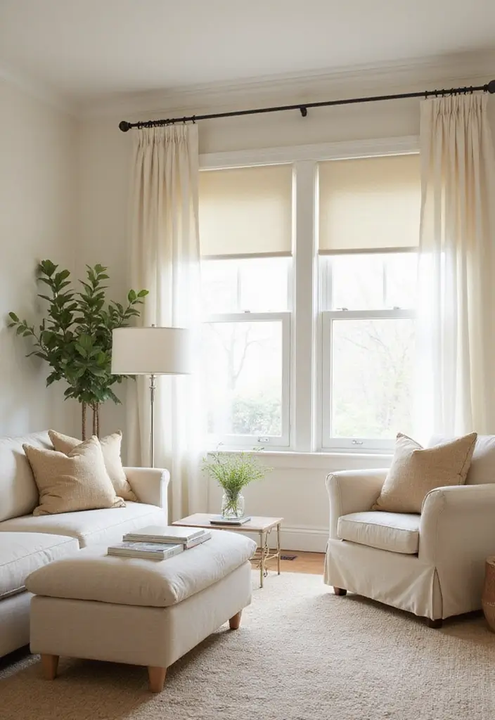 27 Cream Living Room Ideas That Feel Soft and Elegant - 17. Minimalist Window Treatments
