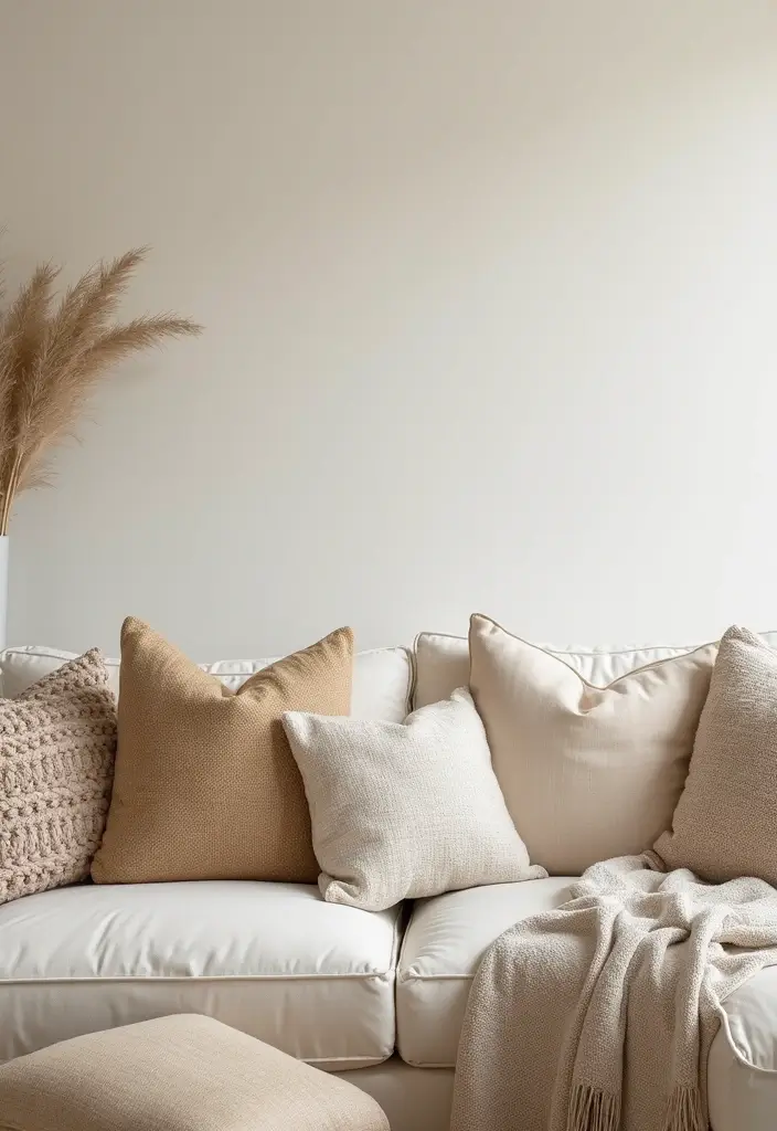 27 Cream Living Room Ideas That Feel Soft and Elegant - 25. Textured Pillows
