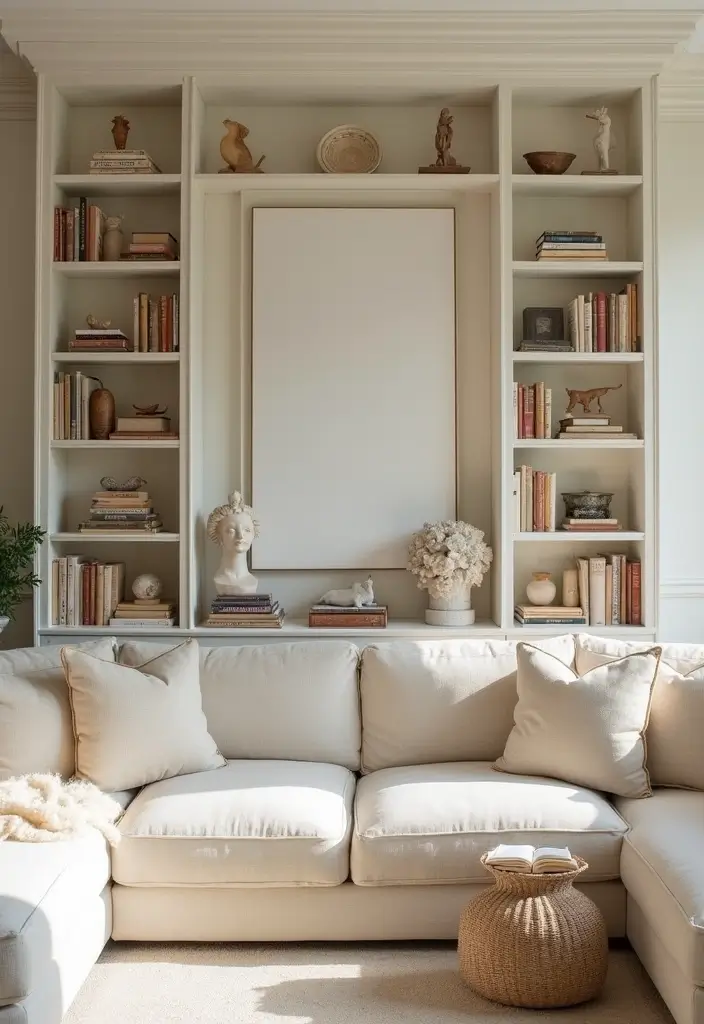 27 Cream Living Room Ideas That Feel Soft and Elegant - 26. Elegant Book Displays