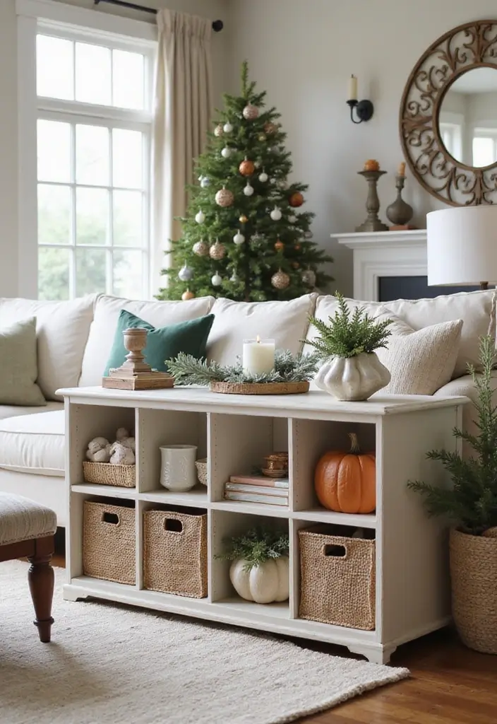 27 Cube Organizer Ideas Living Room That Keep Things Neat and Stylish - 25. Cube Organizers for Seasonal Decor