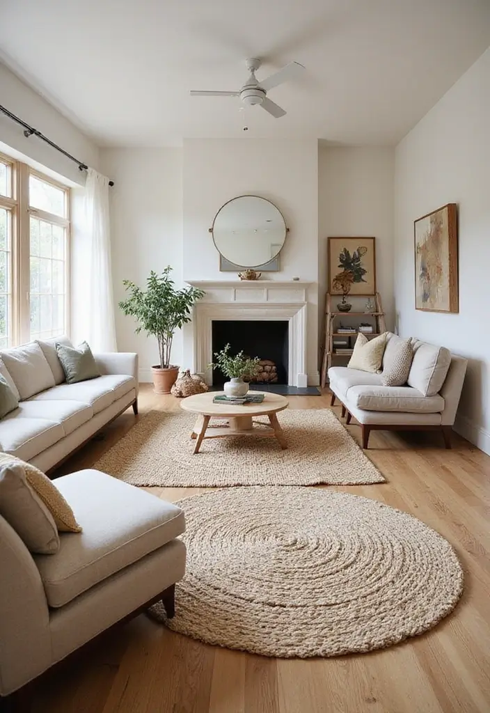 27 Earthy Decor Living Room Ideas That Feel Natural and Soothing - 14. Create Zones with Rugs