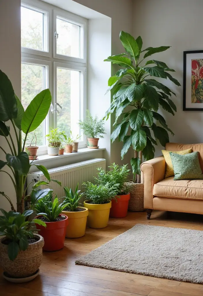 27 Earthy Decor Living Room Ideas That Feel Natural and Soothing - 16. Use Colorful Planters