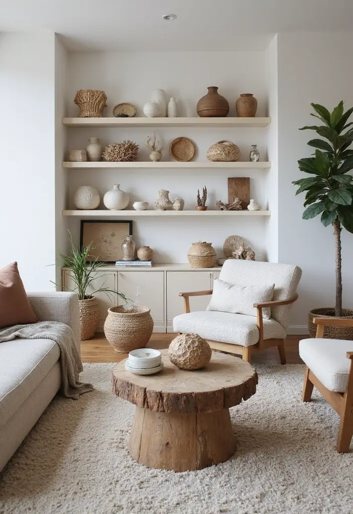 27 Earthy Decor Living Room Ideas That Feel Natural and Soothing - 17. Bring in Natural Artifacts