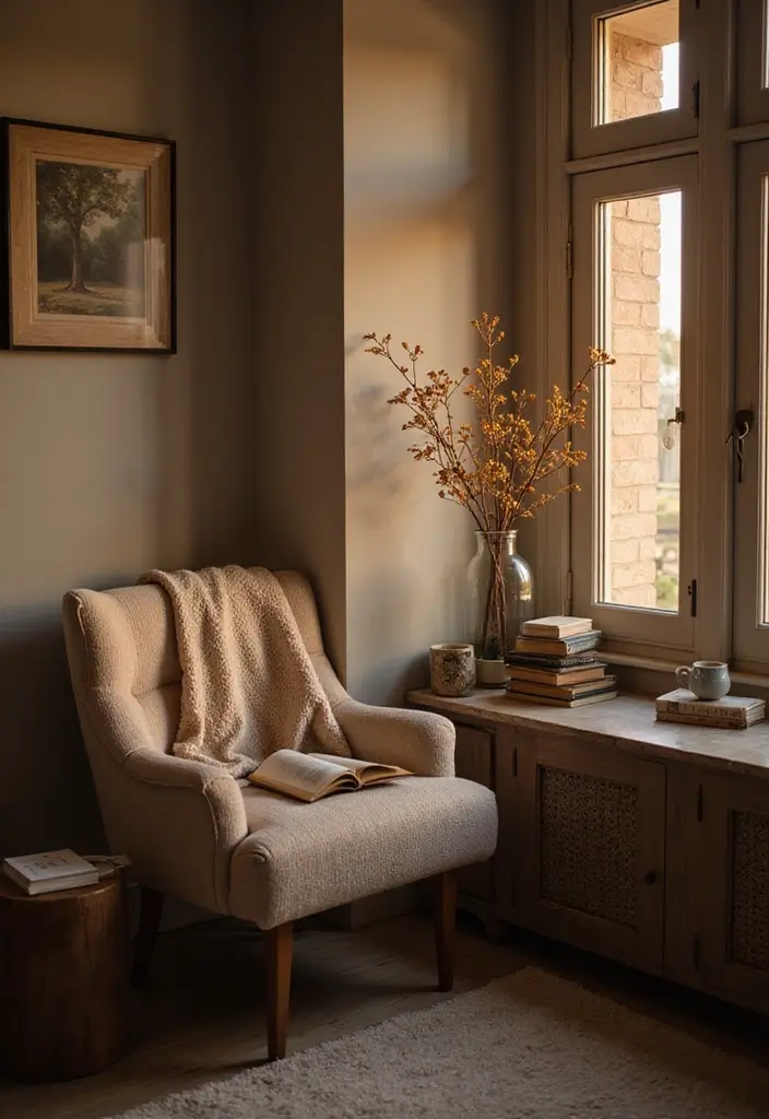 27 Earthy Decor Living Room Ideas That Feel Natural and Soothing - 19. Create a Cozy Reading Nook