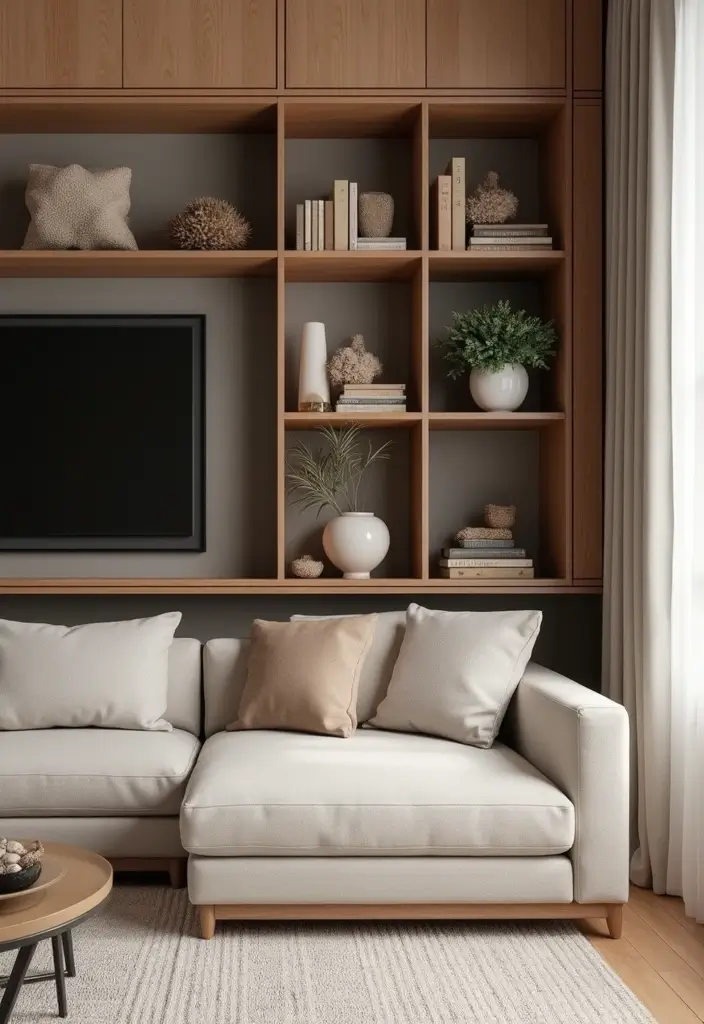 27 Earthy Decor Living Room Ideas That Feel Natural and Soothing - 23. Install Built-In Shelves