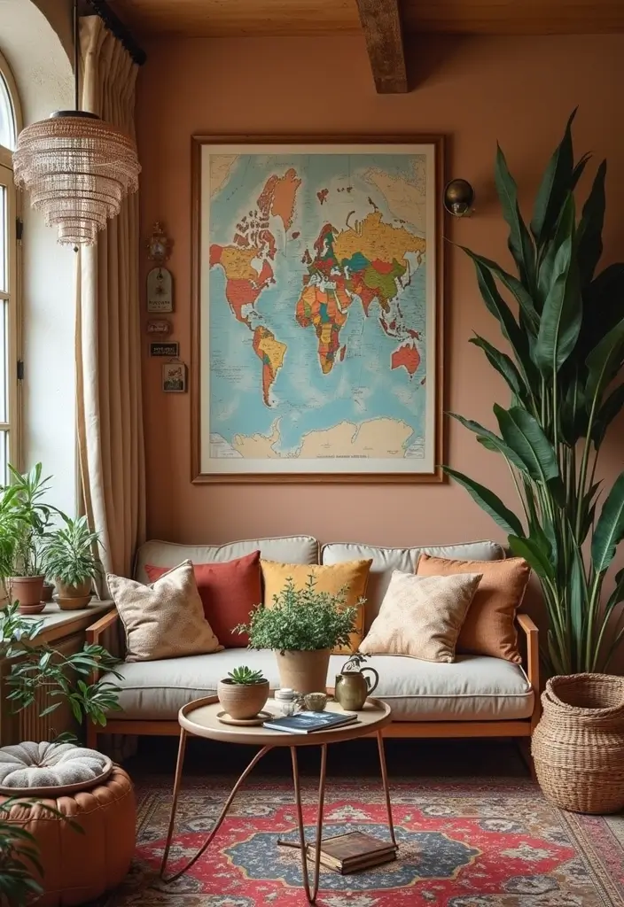 27 Earthy Decor Living Room Ideas That Feel Natural and Soothing - 24. Personalize with Travel Finds