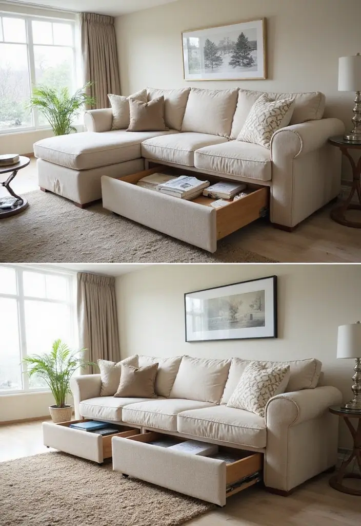 27 Living Room Storage Ideas That Keep Things Organized and Hidden - 14. Under-Couch Drawers