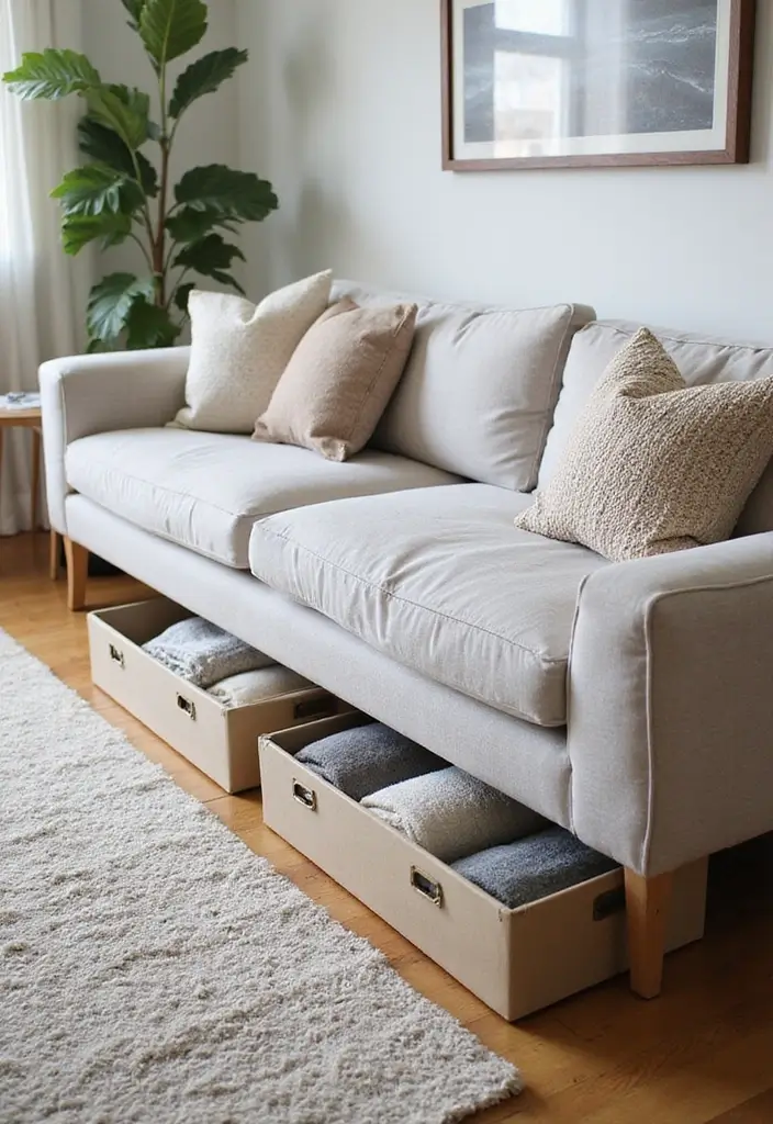 27 Living Room Storage Ideas That Keep Things Organized and Hidden - 9. Under-Sofa Storage Solutions