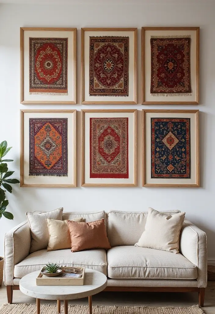 27 Living Room Wall Decor Ideas Indian Style That Add Color and Culture - 4. Framed Traditional Textiles
