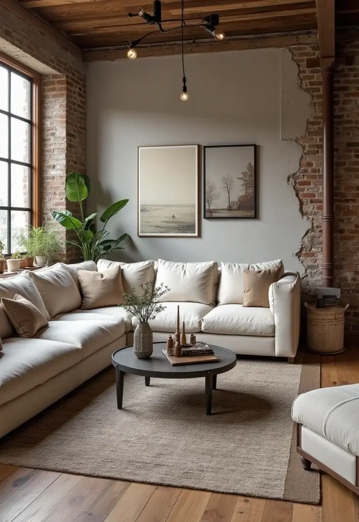 27 Natural Tones Living Room Ideas That Feel Calm and Organic - 12. Industrial Meets Natural