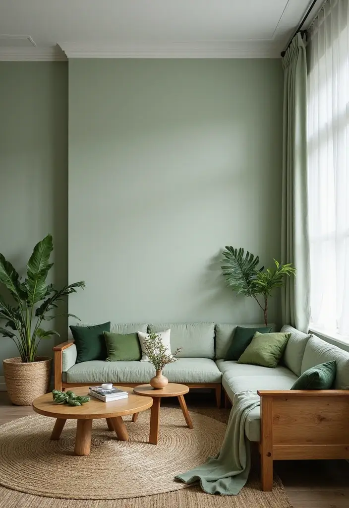 27 Natural Tones Living Room Ideas That Feel Calm and Organic - 2. Earthy Greens and Warm Woods