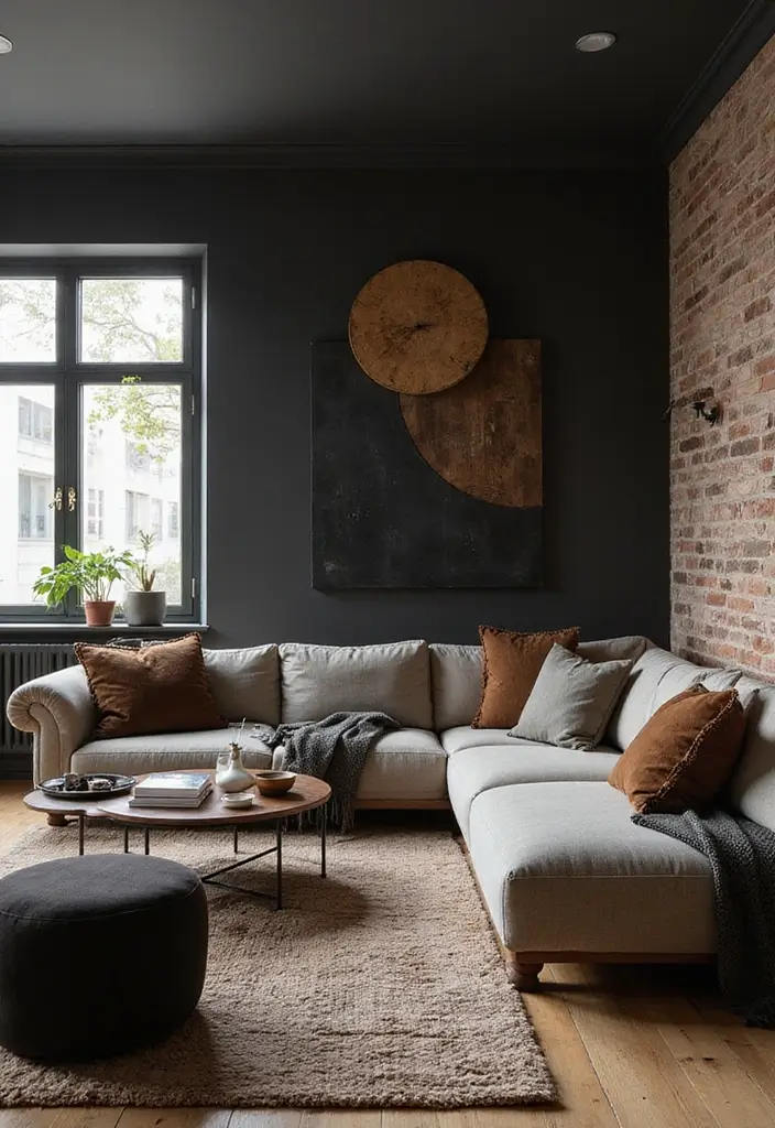27 Natural Tones Living Room Ideas That Feel Calm and Organic - 24. A Touch of Black for Contrast