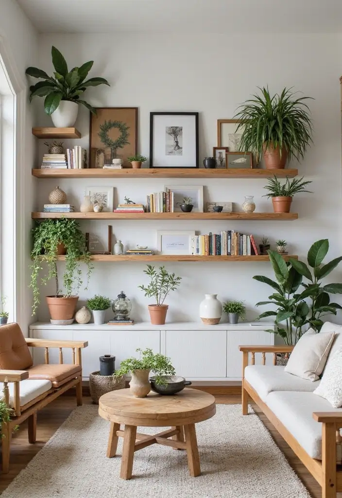 27 Natural Tones Living Room Ideas That Feel Calm and Organic - 25. Embrace Open Shelving
